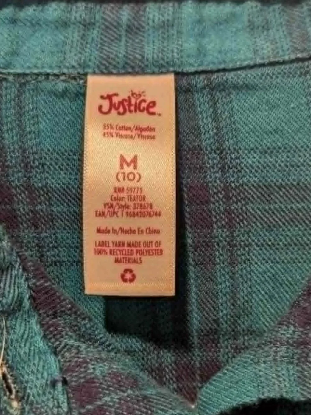 Girl's Justice Green Blue Plaid Flannel Button-Up Shirt - size M (10) EUC